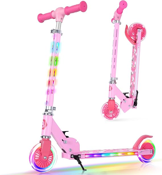 BELEEV V3 Scooter for Kids with Light-Up Wheels & Stem & Deck, 2 Wheel Folding Scooter for Girls Boys, 4 Adjustable Height, Lightweight Kick Scooter with Handy Kickstand for Children Ages 3-12