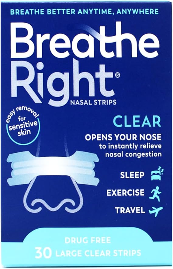 Breathe Right Nasal Strips for Sensitive Skin, Large, Clear, 30 Strips