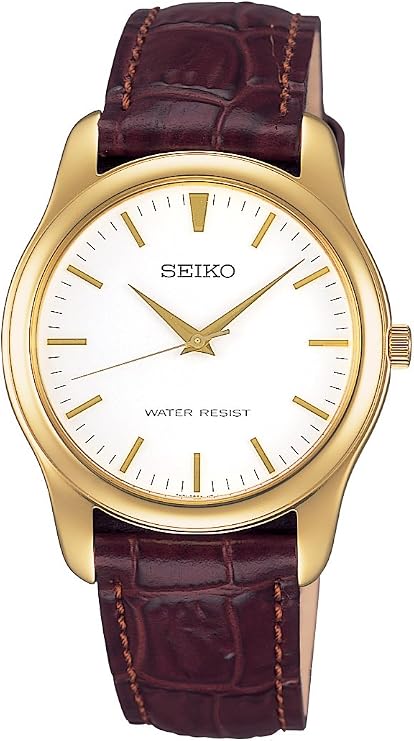Seiko Selection Erkek Kuvars Çifti, Sarı Altın/Beyaz/Band: Kahverengi (ow Deri), 1, saat