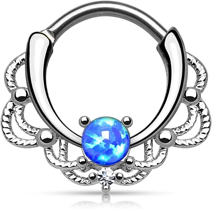 Pierced Owl - 16GA Stainless Steel Lacey Synthetic Single Opal Septum Clicker Ring