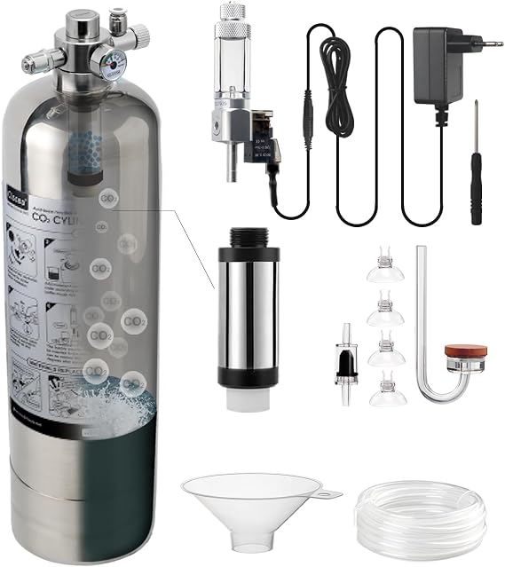 Aquarium 2.4 L CO2 System Generator, Stainless Steel Carbon Dioxide Reactor Kit with Regulator Solenoid Valve for Aquarium Plants (G600S), CO2 Aquarium Kit