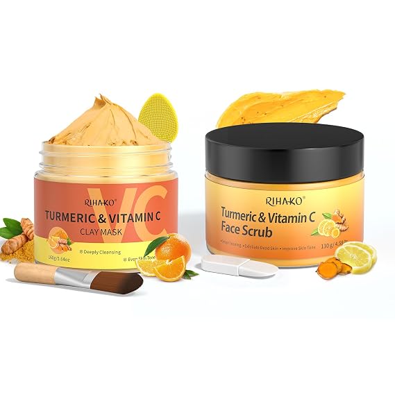 Turmeric Vitamin C Face Scrub&Turmeric Vitamin C Clay Mask Set for Remove Dead Skin, Dark Spots, Clear Pores And Controlling Oil,Create Healthy, Youthful Skin,Face Masks Skincare Gifts for Him & Her