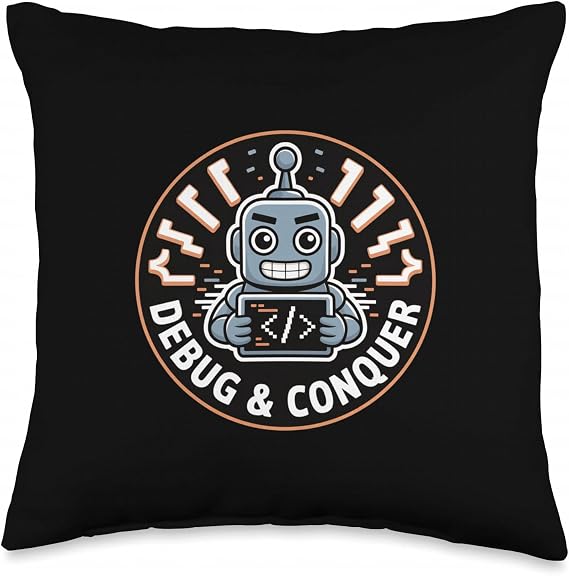 Debug and Conquer Funny Coding Robot Throw Pillow