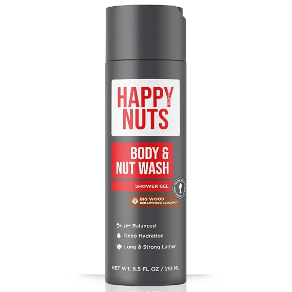 HAPPY NUTS Big Wood Body and Nut Wash - Moisturizing Men's Shower Gel, Natural Bodywash with Deep Cleanse for Sensitive Skin - Men's Body Soap (8.5 Fl Oz (Pack of 1), Big Wood)