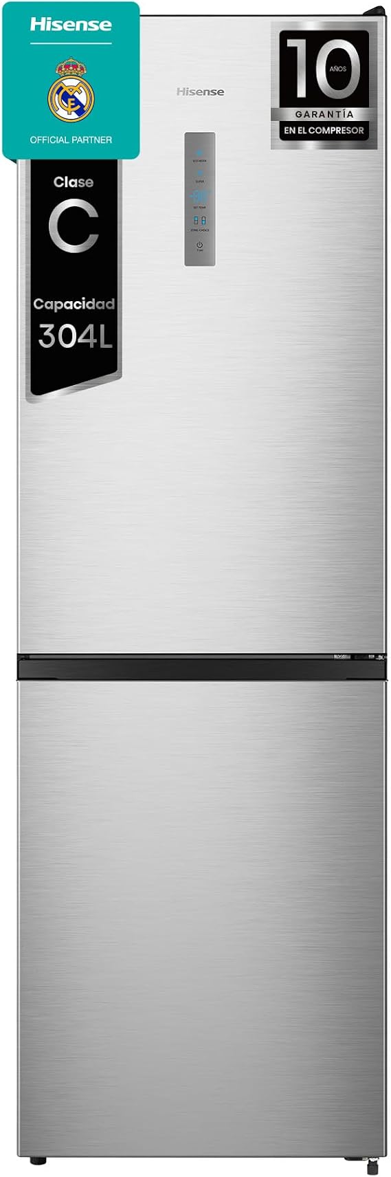 Hisense RB390N4BCC – Combi Refrigerator, No Frost, Inverter, Efficient Class C, Capacity 304 L, 186 cm H, Vegetable Drawer, 4 Freezer Stars, Reversible Door, Silent 39dB, White, Stainless Steel [Energy Class C]