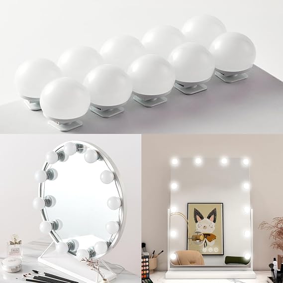 LED Vanity Mirror Lights for Dressing Table 10 Dimmable Bulbs Stick on Hollywood Mirror Lights Adjustable Length Makeup Lights for Mirror Make Up Light for Bathroom Vanity Table Bedroom (10) [Energy Class A]