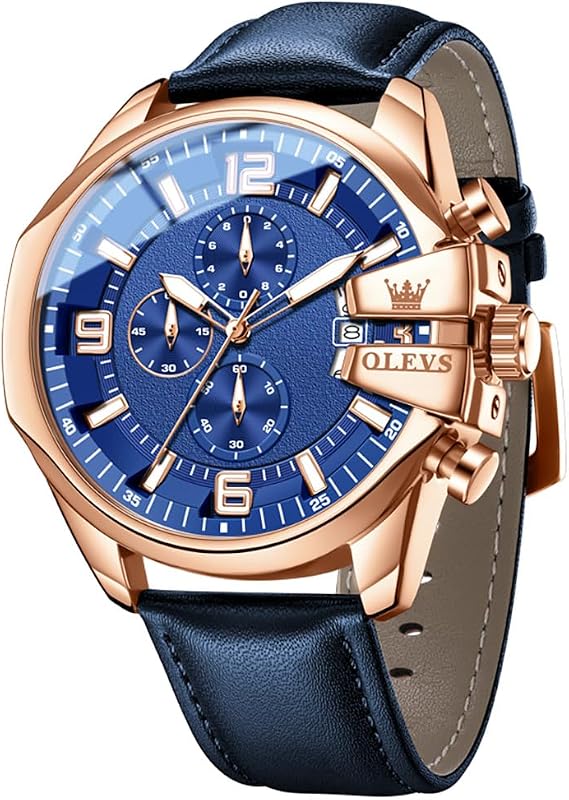 OLEVS Watches for Men Leather Strap Chronograph Analog Quartz Big Face Classic Dress Waterproof Luminous Men Wrist Watch