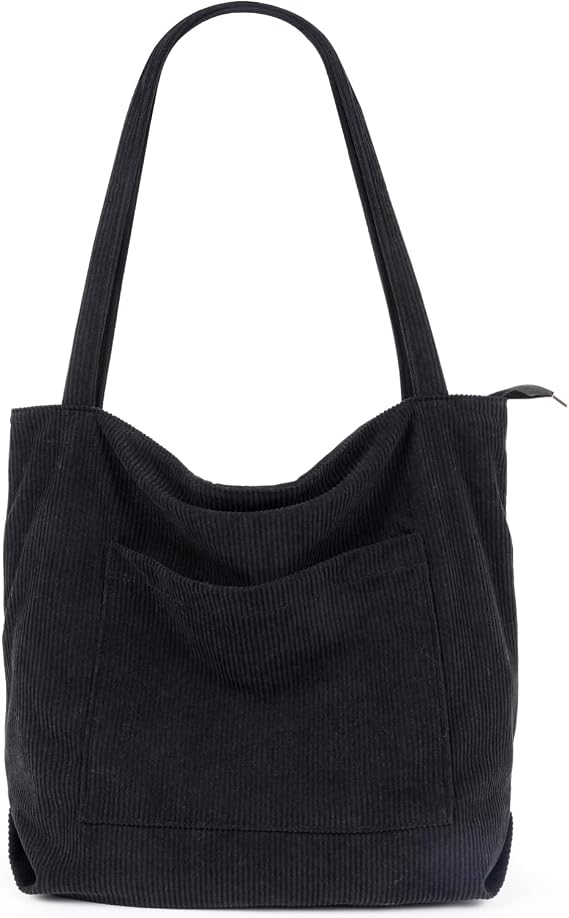MAMUNU Corduroy Tote Bag for Women Girls, Large Capacity Handbags Shoulder Bag with Zipper Compartments, Reusable Cord Tote Bags for School College Beach Travel Vacation Work Shopping