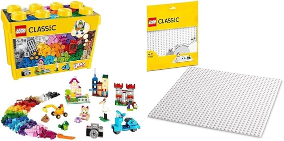 LEGO 10698 Classic Large Creative Brick Storage Box Set & 11026 Classic White Baseplate Building Base, Construction Toy Square 32x32 Build and Display Board, Multicolor