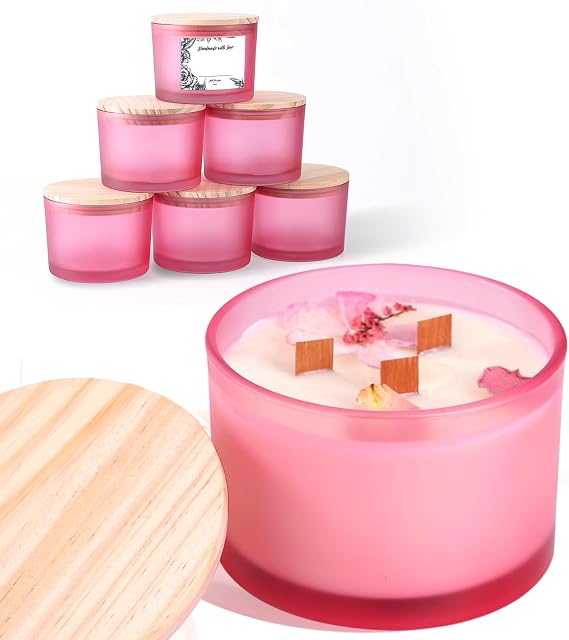 6 Pack Glass Candle Jars with Lids (16oz, Forested Pink) - Large Candle Jars for 3 Wick Candles Making - Empty Candle Jars Containers - Candle Making Accessories include 16Pcs Candle Labels