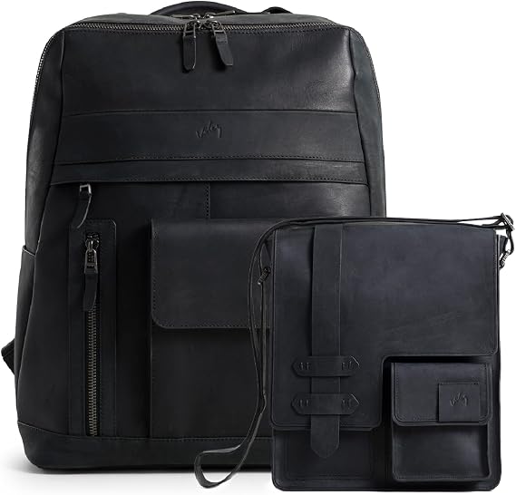 VELEZ Black Top Grain Leather Backpack + Small Messenger Bag For Men