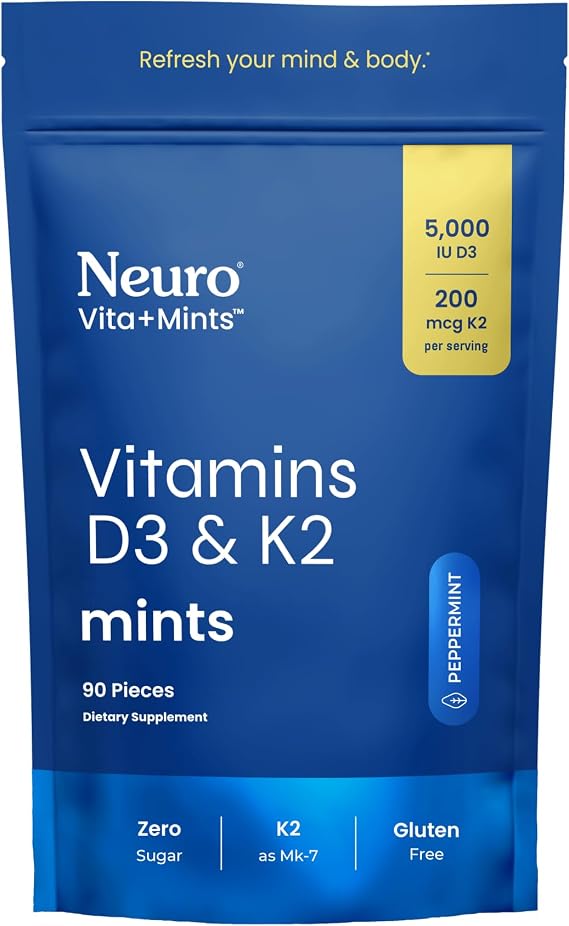 Neuro Vitamin D3 K2 Mints, Peppermint, 90 Count | Mood, Bone & Immune Support Supplement, 5000 IU D3 & 200mcg K2 MK-7, Sugar Free Mints, Gluten & Aspartame Free