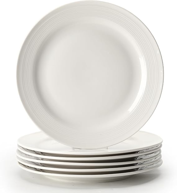 ZPPLD 6 Pack Ceramic Dinner Plates 20cm, White Embossed Dessert Plates, Vintage Style Side Plates, Dishwasher & Microwave Safe, Round Serving Plates for Pasta Salad Breakfast
