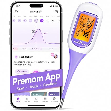 Easy@Home Smart Basal Thermometer, Large Screen and Backlit, 1/100th Degree, Period Tracker with Premom (iOS & Android) - Auto BBT Sync, Charting, Coverline, Accurate Fertility Prediction, Purple