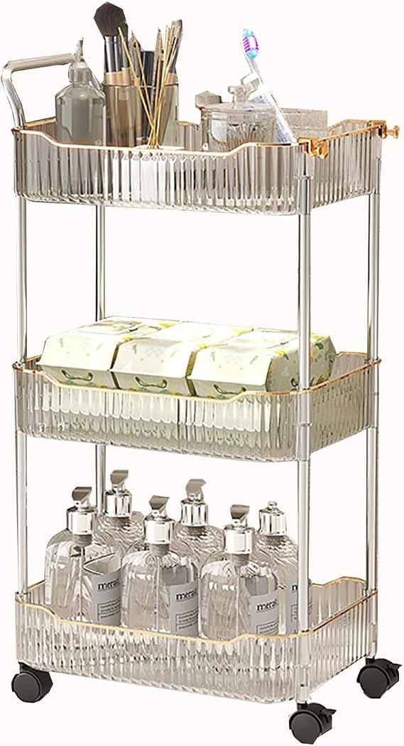 Clear Rolling Utility Cart Organizer With Wheels And Handle,Assemble Mobile Shelving Unit With Wheels Utility Cart Storage Rack For Kitchen Bathroom Laundry Narrow Places ( Color : White , Size : 3Tie