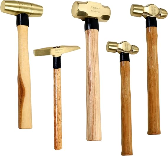 WEDO 5PCS Brass Hammer Set, 3lb Sledge, 1.5lb Drum, 1lb & 2lb Ball Pein, 0.7lb Scaling Hammers with Brass Heads and Wooden Handles