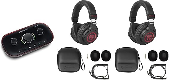 Audiosavings Bundle: Focusrite Vocaster Two USB-C Podcast Podcasting Studio Audio Recording Interface Bundle with (2) Rockville PRO-M50 SR Studio Headphones (3 Items)