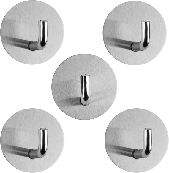 Adhesive Hooks, Sticky Hook Made of 304 Stainless Steel, Super Sticky Nail-Free Wall Hooks for Hanging Coats and Towels, 5 Packs, LIISKY(Silver) White 1.77 x 1.18 x 1.77 inches; 4.58 Ounces