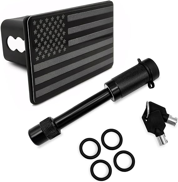 Ohleats Trailer Hitch Cover, 2 Inch Hitch Cover Tube Plug Insert with Pin Bolt, Dust-Proof Heavy Metal Tow Receiver Plug Cap with American Flag, Universal Trailer Car Accessories (Black)