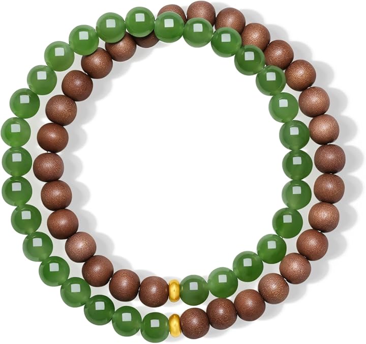 ZHOU LIU FU Healing Jade Beaded Bracelets 24K Solid Gold Bracelet Hetian Green Jade Sandalwood Double Stretch Bracelet Dainty Jewelry for Women Mom Birthday Anniversary 13.78"/35cm Y1921720