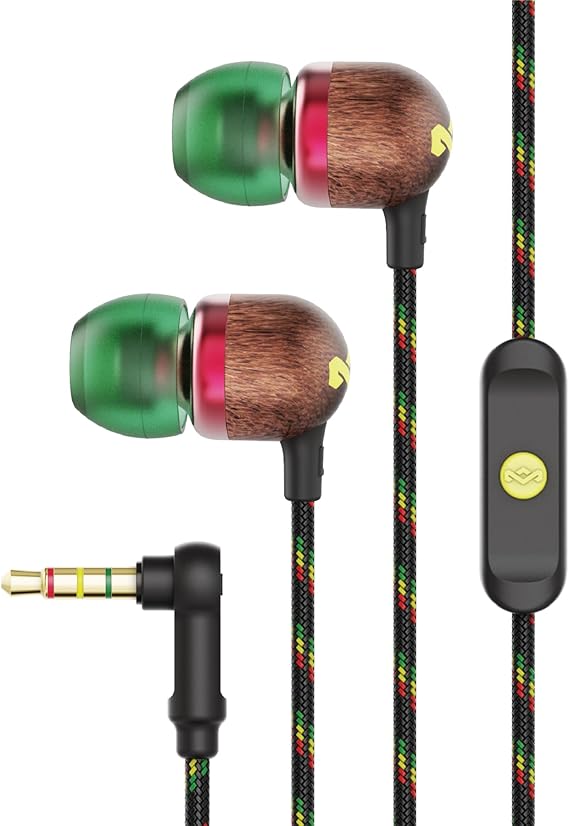 House of Marley Smile Jamaica AUX Wired Earbuds with Microphone, Noise-Isolating in-Ear Headphones, Tangle-Resistant Cable, 3.5mm Jack Sustainable (Rasta)