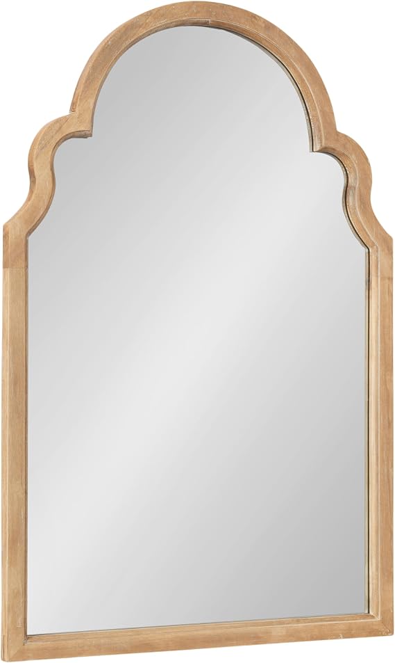 Kate and Laurel Hogan Modern Wooden Arched Wall Mirror; 24 x 36; Natural Wood; Transitional Scalloped Arch Mirror for Use as Bathroom Mirror or Entryway Mirror Decor