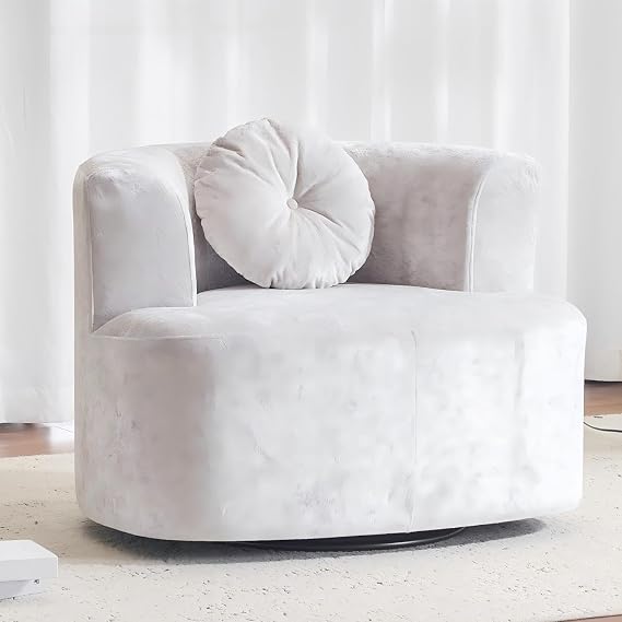 Oversized Swivel Accent Chair, Modern Curved Back Single Sofa Chair, Comfy All-Foam Compression Upholstered Round Armchair with Pillow,Cozy Chenille Barrel Chair for Living Room,Bedroom(Beige)