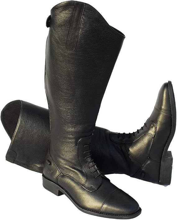 Rhinegold Elite Luxus Extra Wide BLACK or BROWN LEATHER RIDING BOOTS - Soft Feel Leather, Comfortable Fit, Elasticated Laced Front, Women's Equestrian Boots with Full Length Back Zip