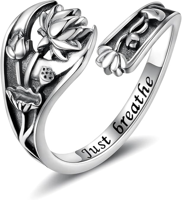 Sariel Just Breathe Lotus Flower Spoon Rings for Women 925 Sterling Silver Vintage Inspirational Band Ring Adjustable Jewelry Gifts