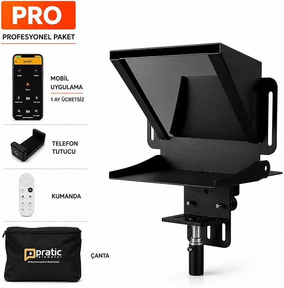 Pratic Teleprompter PRO Set – Telefon ve Kamera İçin Profesyonel Prompter, Bluetooth Kumanda ve Taşıma Çantası