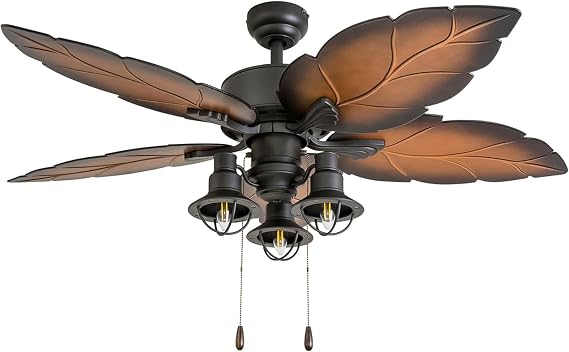 Prominence Home Ocean Crest, 52 Inch Tropical Indoor Outdoor Ceiling Fan with Light, Pull Chain, Three Mounting Options, Weather Resistant Palm Leaf Blades - 50653-01 (Bronze)