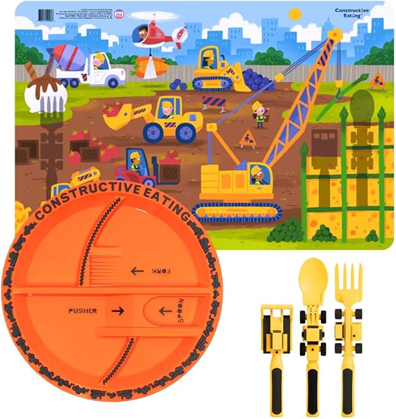 Set of 3 Construction Utensils, Plate and Worksite Placemat