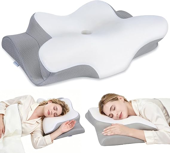 Cervical Neck Pillow, Memory Foam Pillows for Relieving Neck and Shoulder Pain, Neck Support Pillow for Side Sleepers, 2 Heights Ergonomic Pillow with Breathable Ice Silk Cover Snow White