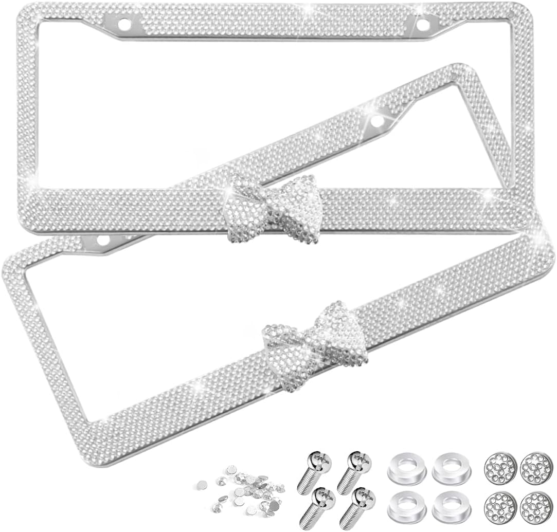 Bling Car License Plate Frame for Women, 2PCS Crystal Rhinestone Stainless Steel Vehicle Plate Holder, Glitter Diamond Sparkly Auto Plate Cover Accessories, Universal Fit WhiteWhite Bow
