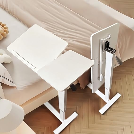 Foldable Overbed Table with Wheels, Adjustable Mobile Standing Overbed C-Shaped Side Table for Laptop Bed Sofa Couch, Dual Flip-Top for Medical Elderly Home Hospital Use (White 1)