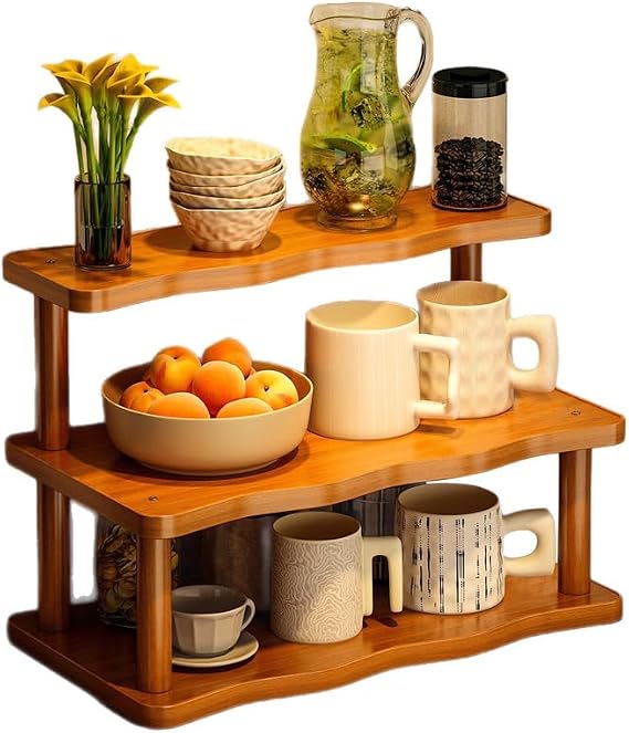 Wooden Mug Holder Countertop, Coffee Station Organizer, Counter Shelf for Tea Coffee Bar Accessories, Matcha Stand, Cup Display, Kitchen Condiment Storage Rack,3Tier,11.81IN