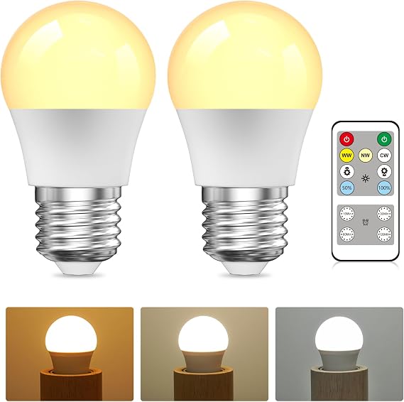 Remote Control Light Bulb, 3 Colors (3000K-6000K) E27 Dimmable Light Bulb for Living Room Bedroom, E27 LED Light Bulbs with Timing, Memory Function (2-Pack)