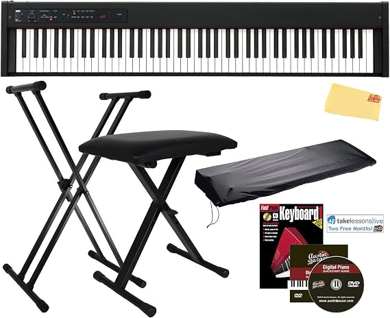 Korg D1 Digital Piano - Black Bundle with Adjustable Bench, Stand, Dust Cover, Instructional Book, Austin Bazaar Instructional DVD, and Polishing Cloth