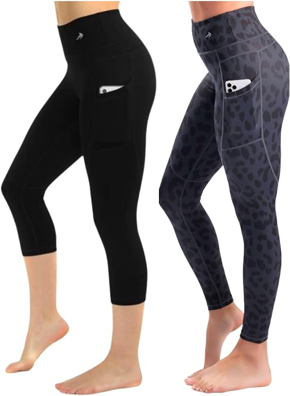 CompressionZ High-Waisted Compression Leggings Bundle Black Capri w/Pocket + Leopard Black Full-Length w/Pocket, 5X-Large | Tummy Control, Non-See-Through, Sweat-Wicking 4-Way Stretch