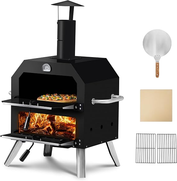 Outdoor Pizza Oven,Wood Fired 2-Layer Pizza Ovens,Outside Pizza Maker,Wood Burning Outdoor Pizza Oven,with Stone and Removable Cooking Rack,for Patio Picnic Party Camping Backyard BBQ (Black)