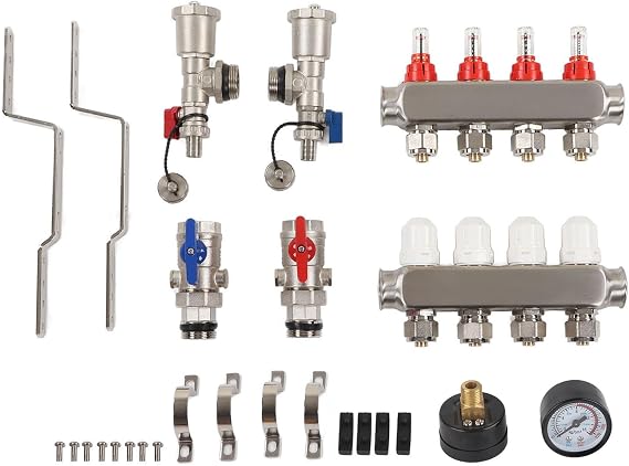 EMUKOEP Underfloor Heating Manifold, 304 G1 Stainless Steel 4 Loop Heat Manifold Set with Visible Adjustable Flowmeter