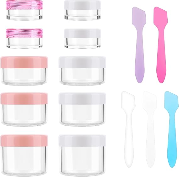 Accmor 10 Pieces Makeup Travel Containers with Lids 0.11/0.18/0.35/0.53/0.7 OZ Size Cosmetic Jars with 5 Pieces Mini Spatulas for Gift, Makeup Sample Container(White & Pink)