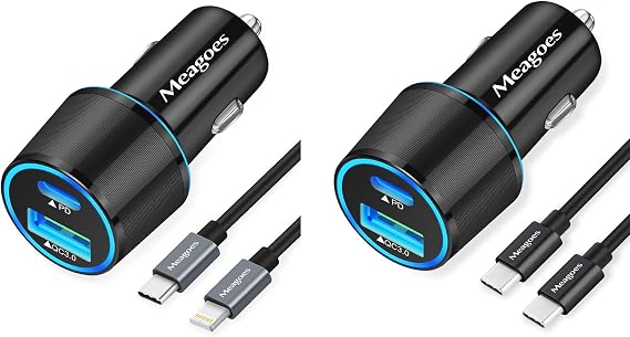 48W Car Charger USB C Super Fast Charging, 30W USBC & QC3.0 Port Block for iPhone+ 20W PD Rapid Charging Adapter with 3ft USB C Cable+3ft Lightning Cable