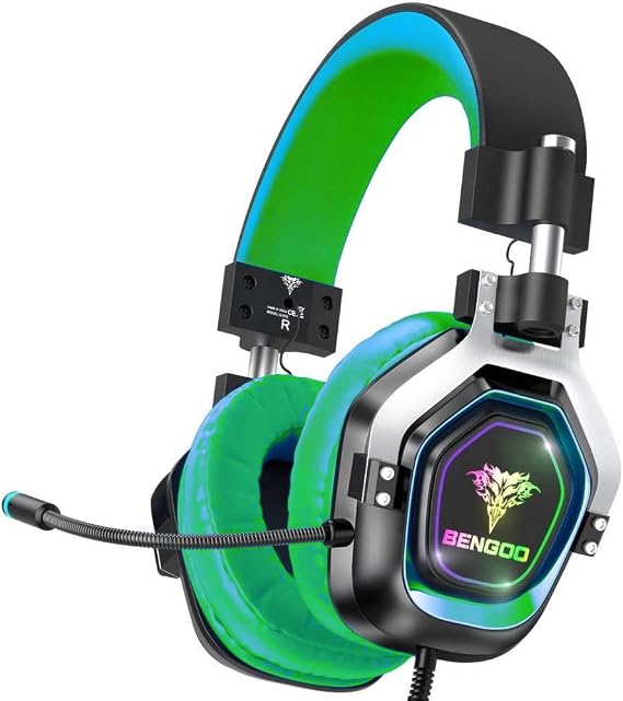 BENGOO Gaming Headset Headphones for PS4 Xbox One PC4 Speaker Drivers Over Ear Headphones with RGB LED Lights, 45 Adjustable Soft Memory Earmuff, 720 Noise Canceling Microphone for Gamecube