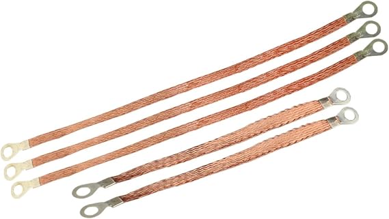 Braided Flat Ground Straps Copper Automotive Grounding Wire Connection 1/4" Width with 5/16" Rings Terminal Lugs (8inch-2pcs + 12inch-3pcs)