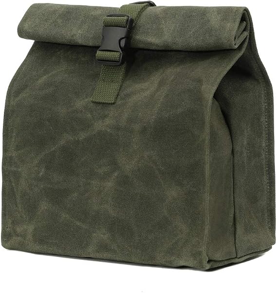 Kaaltisy Heavy Duty Lunch Bags Waxed Canvas Roll-top Lunch Boxes Waterproof Reusable Lunch Bag with Adjustable Buckle, Green, Hard Handfeel
