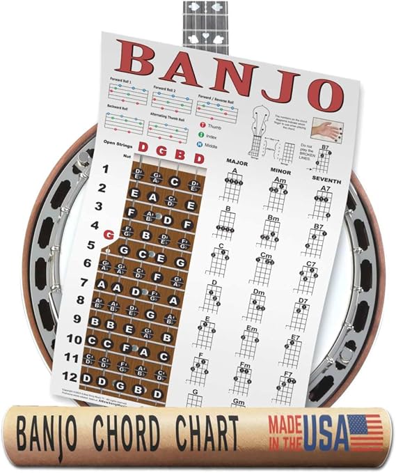 Banjo Chord Chart, Fretboard Notes & Right-Hand Rolls, Poster 11x17
