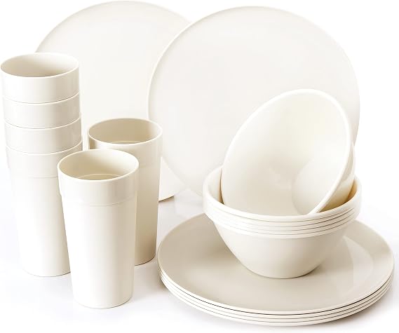 Youngever 18-Piece Plastic Kitchen Dinnerware Set, Plates, Dishes, Bowls, Cups, Service for 6 (Cream)