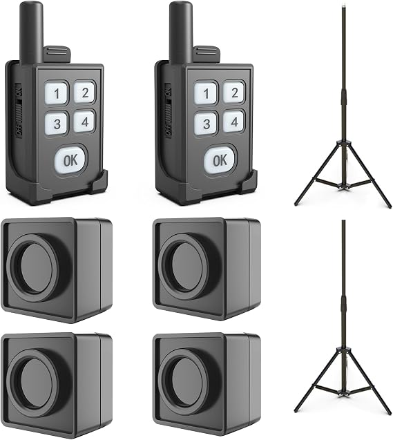 Portable Outdoor Perimeter Alarm System- 1/4 Mile Waterproof Wireless Motion Sensor&Detector- Personal Security for RV Alert-2 Receivers+4 Sensors