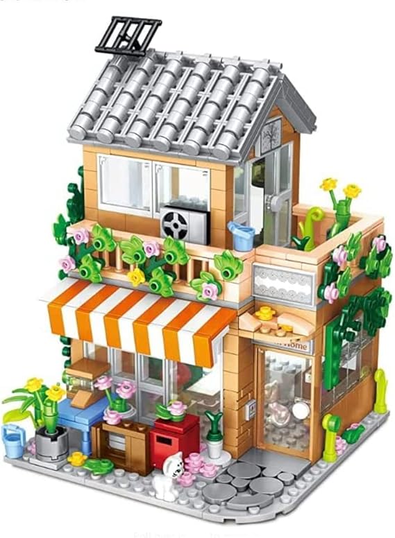 General Jim's Modular Holiday Flower House 730 Pieces | 2-Story City Architecture Set with LED Light | Compatible with Major Brick Brands | Display Model with Balcony & Garden Decor